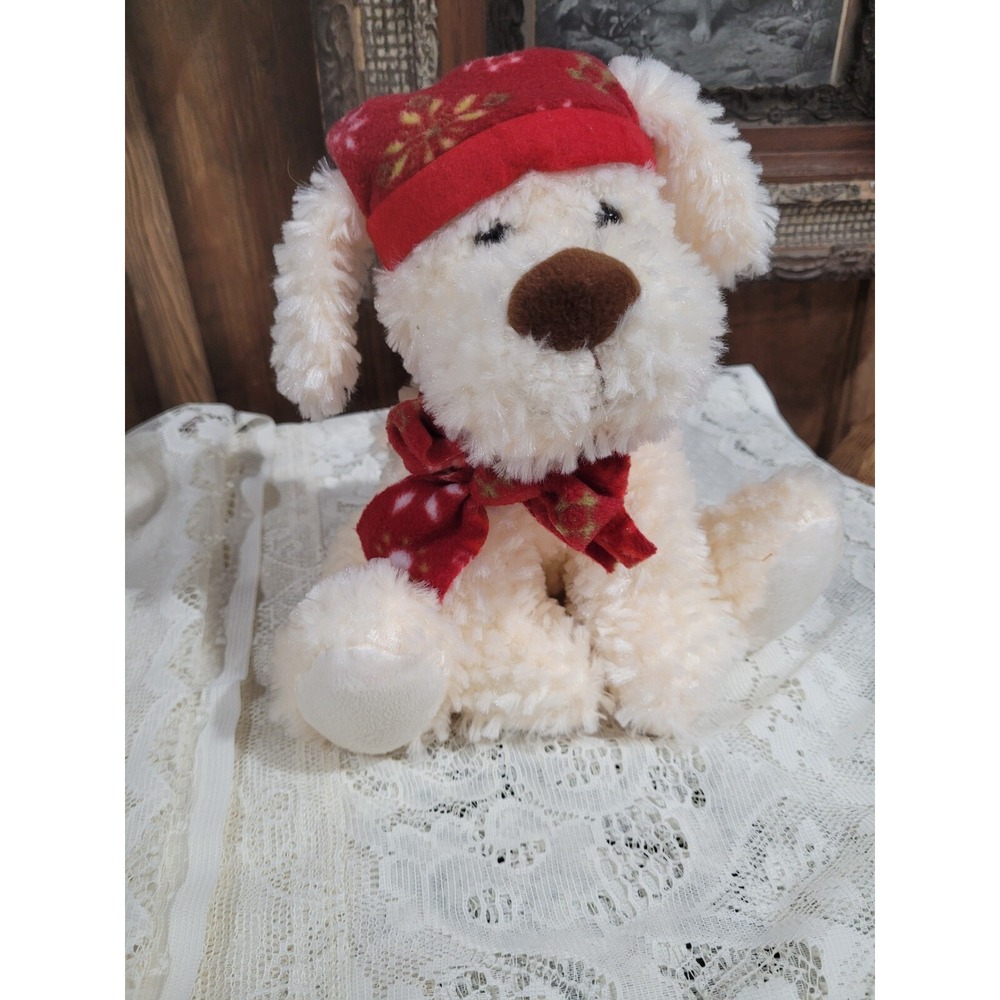 American Greeting 9" Puppy Dog Plush Ivory Stuffed Animal w/Red Hat
